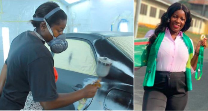 KNUST first class economics female graduate now sprays cars for daily bread